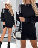 Rhinestone Buckled Batwing Sleeve Casual Knit Long Sleeve Dress