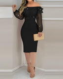 Glitter Off Shoulder Lantern Sleeve Party Dress Sheer Mesh Patch Bodycon Dress