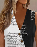 Colorblock Letter Print Buttoned V Neck Vest Top