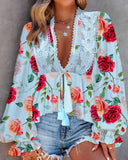 Floral Print Frill Hem Lantern Sleeve Top