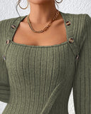Buttoned Slit Asymmetrical Neck Knit Top