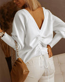 V Neck Gigot Sleeve Back Drawstring Top