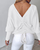 V Neck Gigot Sleeve Back Drawstring Top