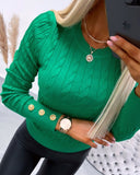 O neck Long Sleeve Buttoned Braided Knit Sweater