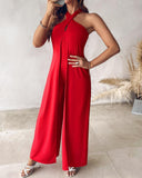 Halter Asymmetrical Flared Leg Jumpsuit