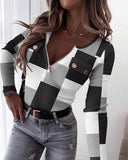 Geometric Print Zipper Design Long Sleeve Ribbed Top