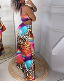 Leopard Tie Dye Print Hollow Out Maxi Dress