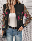 Floral Embroidery Stand Collar Sheer Mesh Long Sleeve Jacket Zipper Drawstring Casual Coat with Pockets