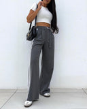 Striped Buttoned Pocket Design Casual Straight Leg Pants