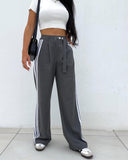 Striped Buttoned Pocket Design Casual Straight Leg Pants