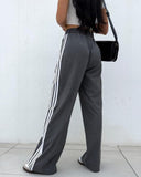 Striped Buttoned Pocket Design Casual Straight Leg Pants