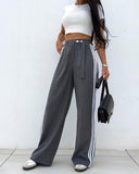 Striped Buttoned Pocket Design Casual Straight Leg Pants