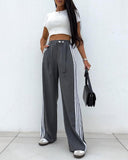 Striped Buttoned Pocket Design Casual Straight Leg Pants