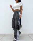 Striped Buttoned Pocket Design Casual Straight Leg Pants