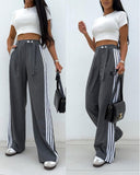 Striped Buttoned Pocket Design Casual Straight Leg Pants