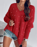 Beaded Decor V neckline Long Sleeve Fluffy Oversized Sweater