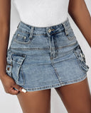 Pocket Design Buckled Denim Skirt