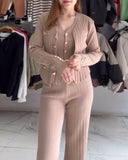 3 Pcs Outfits V Neck Long Sleeve Knit Coat with Metal Button Detail Tank Top Casual Long Pants Knit Sets