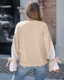 Colorblock Floral Pattern Tied Long Sleeve Lace Patch Sweatshirt