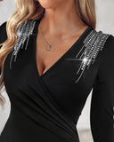 Rhinestone Decor Ruched V Neck Top