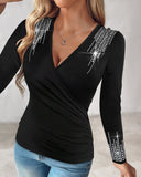 Rhinestone Decor Ruched V Neck Top