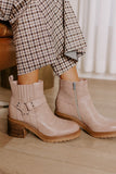 Beige Ring Linked Zipper Chunky Heel Ankle Boots