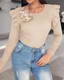 Floral Decor Ruffle Hem Long Sleeve Knit Sweater Top