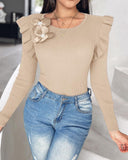 Floral Decor Ruffle Hem Long Sleeve Knit Sweater Top