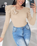 Floral Decor Ruffle Hem Long Sleeve Knit Sweater Top