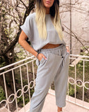 Short Sleeve Casual Top & Buttoned Pocket Design Cropped Pants Set