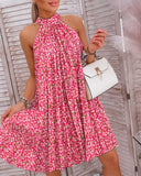 Pink Ditsy Floral Print Halter Pleated Casual Dress