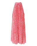 Pink Ditsy Floral Print Halter Pleated Casual Dress