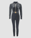 Velvet Zipper Design Ruched Long Sleeve Jumpsuit With Elastic Waistbelt