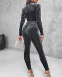 Velvet Zipper Design Ruched Long Sleeve Jumpsuit With Elastic Waistbelt