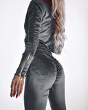 Velvet Zipper Design Ruched Long Sleeve Jumpsuit With Elastic Waistbelt