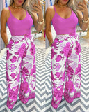 2 Piece Floral Print U Neck Spaghetti Strap Top High Waist Wide Leg Vacation Pants Set with Pocket