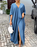 Slit Front V Neck Casual Loose Maxi Dress