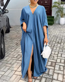 Slit Front V Neck Casual Loose Maxi Dress