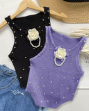 Floral Pattern Rhinestone Pearls Decor Knit Tank Top