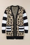 Black Stripe Sleeve Leopard Print Open Front Cardigan With Pockets