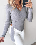 V Neck Long Sleeve Ruched Asymmetrical Hem Knit Sweater