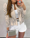 O neck Long Sleeve Zip up Sequin Coat