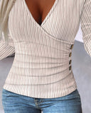 Textured Buttoned V Neck Long Sleeve Top