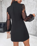 Lapel Neck Lantern Sleeve Contrast Lace Mesh Patch Double Breasted Blazer Dress