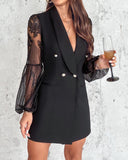 Lapel Neck Lantern Sleeve Contrast Lace Mesh Patch Double Breasted Blazer Dress