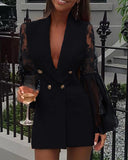 Lapel Neck Lantern Sleeve Contrast Lace Mesh Patch Double Breasted Blazer Dress