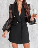 Lapel Neck Lantern Sleeve Contrast Lace Mesh Patch Double Breasted Blazer Dress