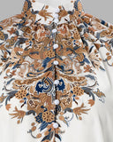 Baroque Print Button Front Lantern Sleeve Top & Shorts Set