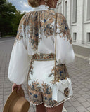 Baroque Print Button Front Lantern Sleeve Top & Shorts Set