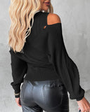 Cold Shoulder Overlap Hollow Out Knit Sweater